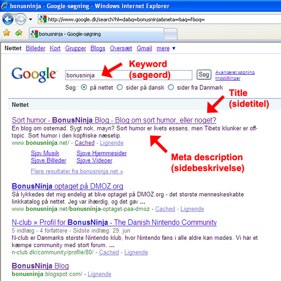 Google SERP - Keyword, title og meta description